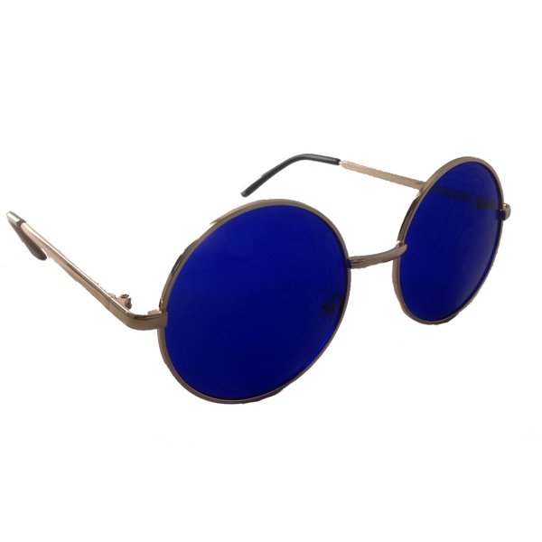 Rund metal solbrille i guldfarvet stel med blå glas. Stor model. Glas dia: 5,3 cm. | search-2