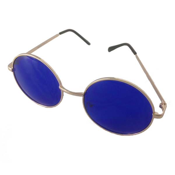 Rund metal solbrille i guldfarvet stel med blå glas. Stor model. Glas dia: 5,3 cm. | sjove_udklaednings_briller