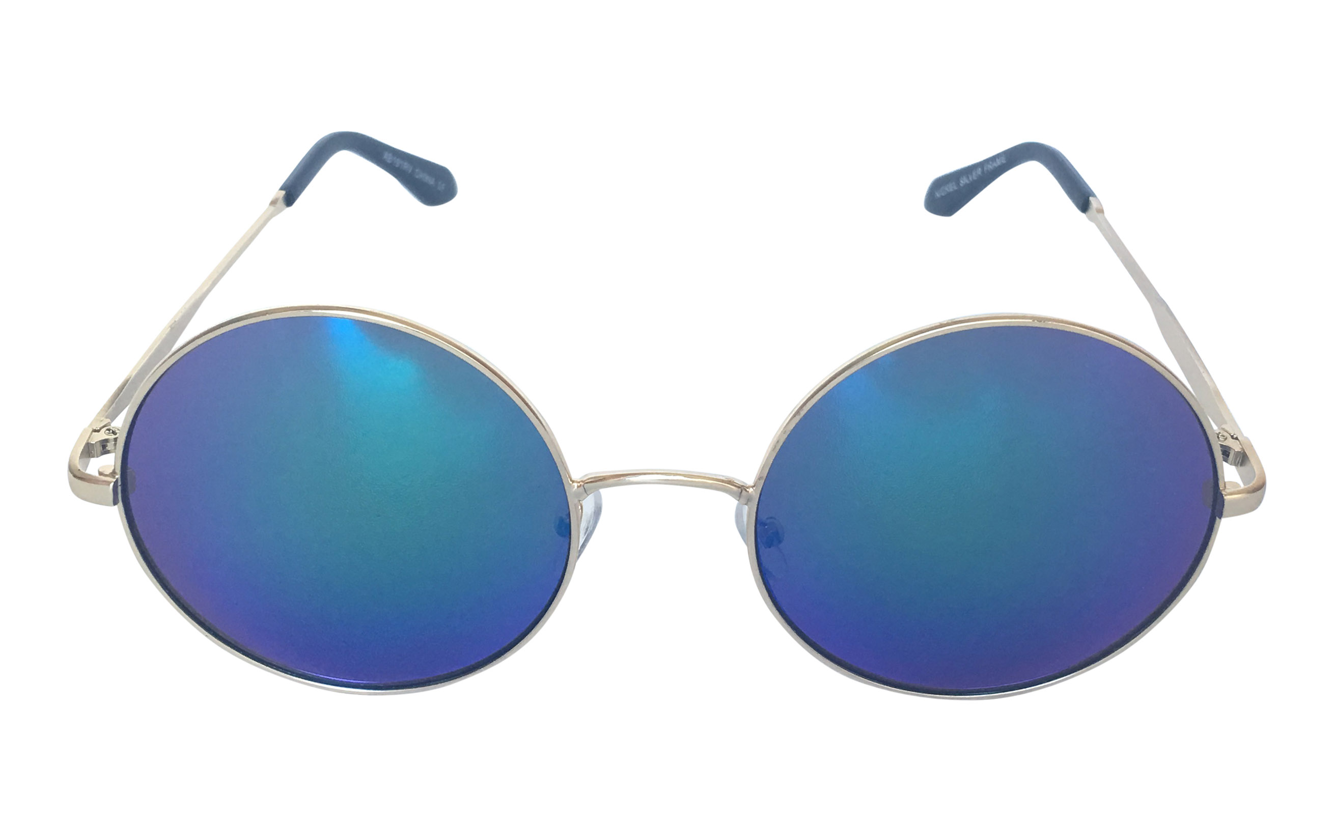 rund solbrille med farvet spejlglas. Guldfarvet stel med blå-grønne changerende glas. | festival-solbriller