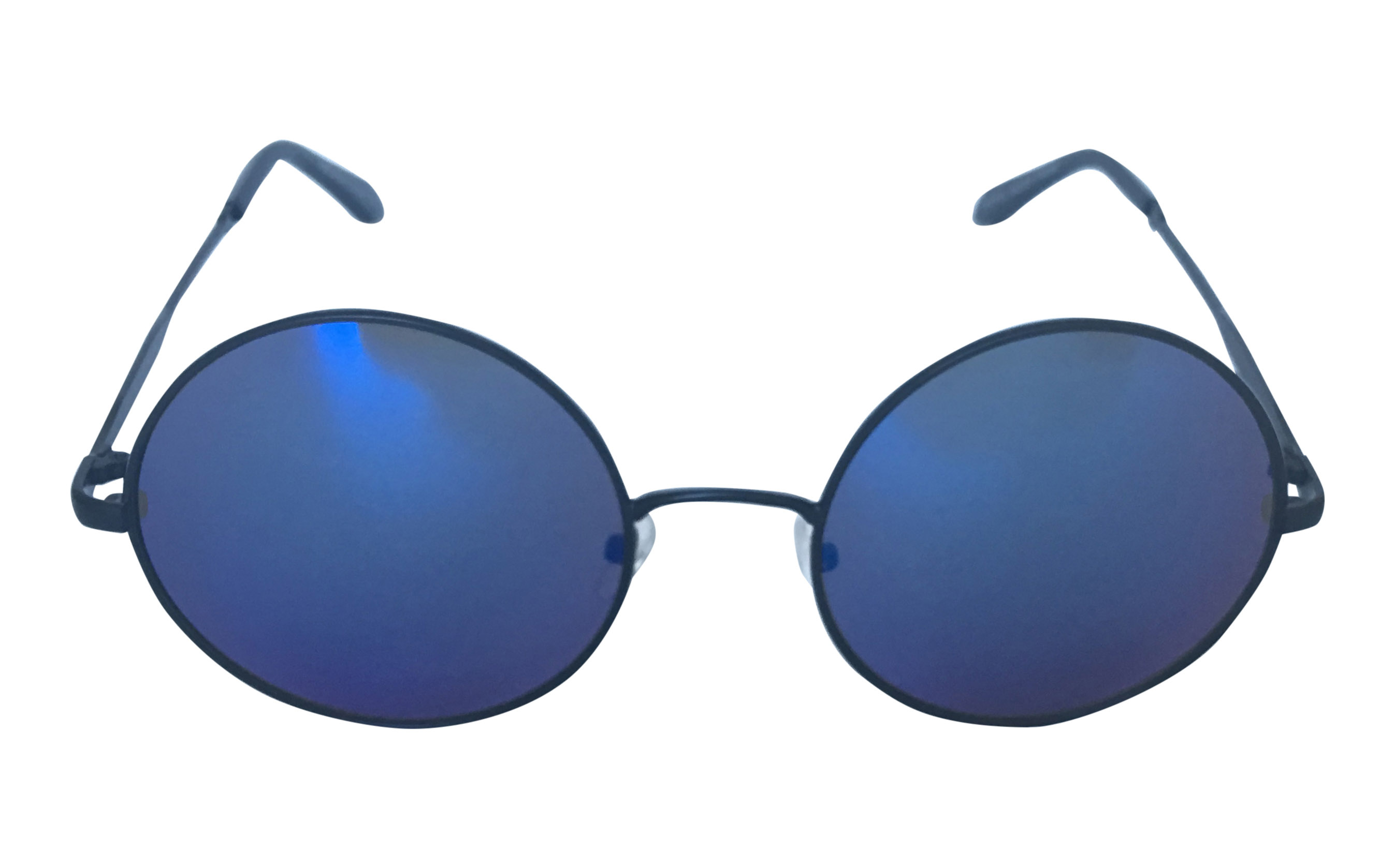 Metal solbrille i oversize design. Sort metal stel med blålige spejlglas. | runde_solbriller