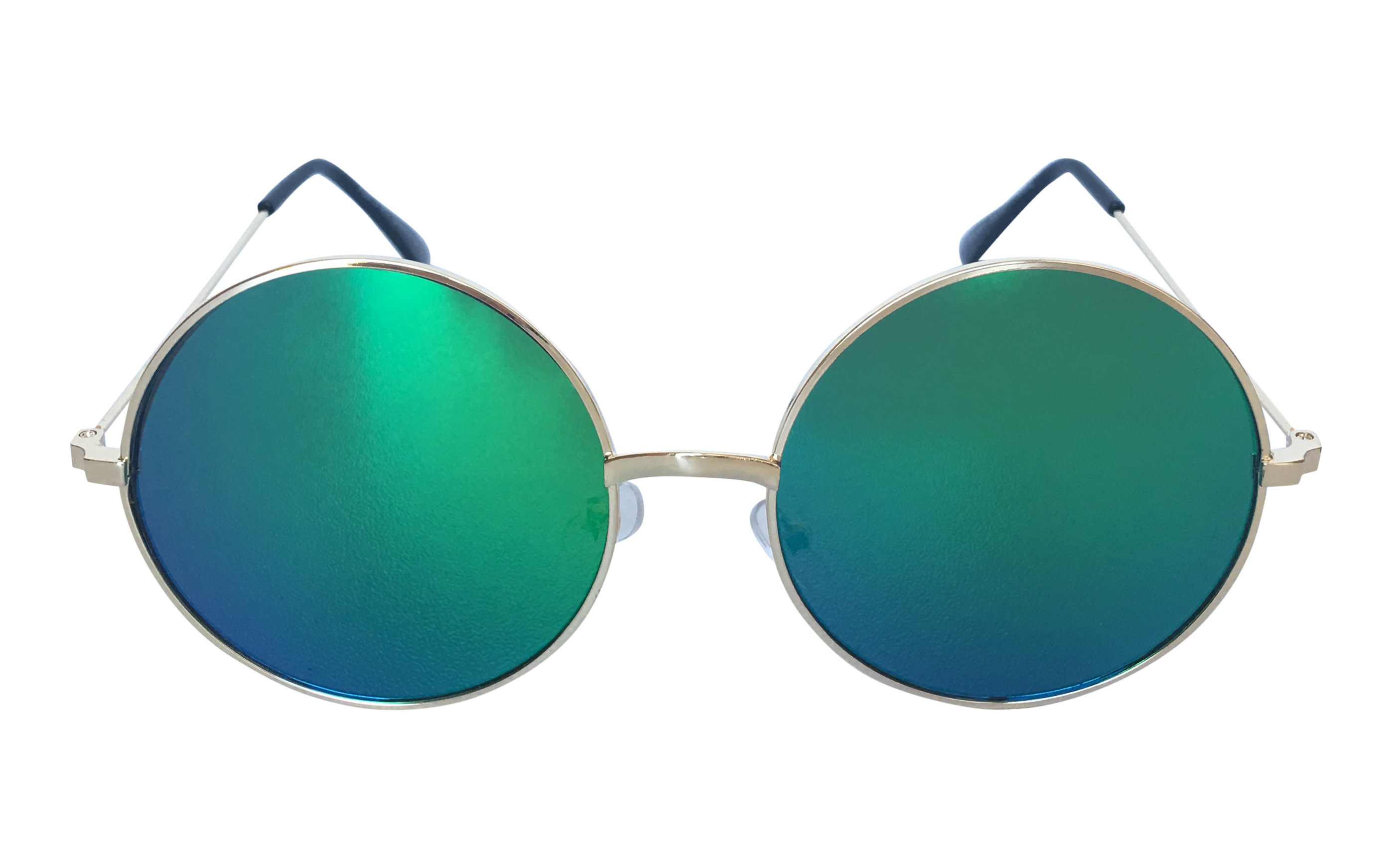 rund solbrille med flade grøn-blå farvet spejlglas. Guldfarvet stel med flade blå-grønne changerende glas. | billige-solbrille-nyheder