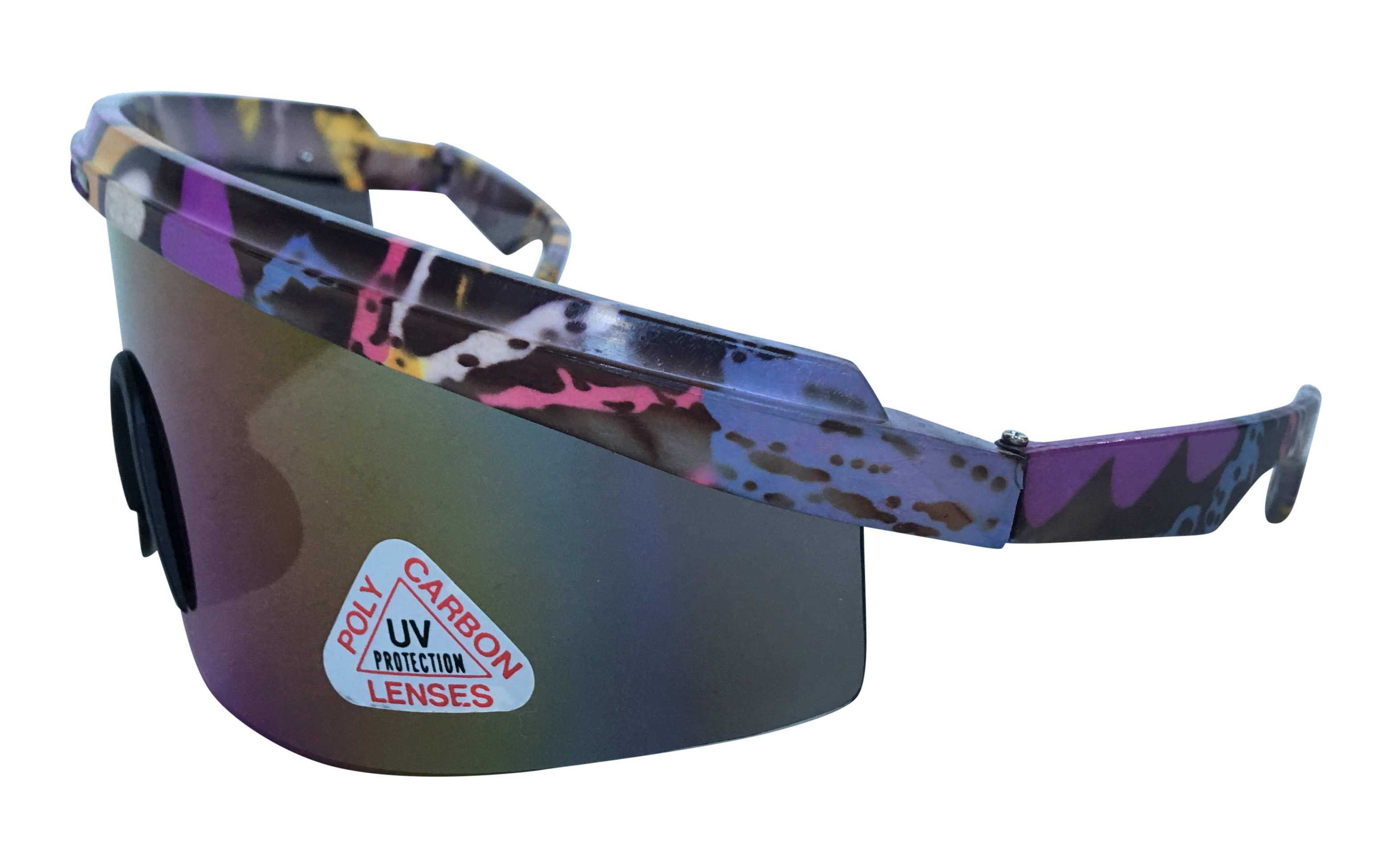 Fed retro skibrille i vilde farver og mønster. Glasset er multifarvet spejlglas. Et lille  | festival-solbriller-3