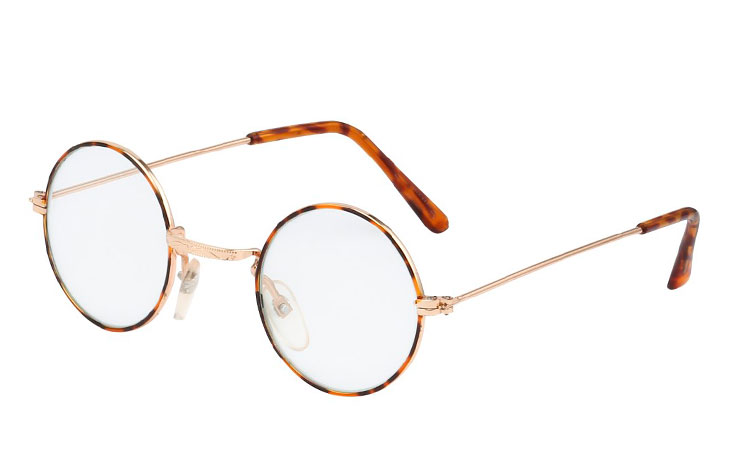 Rund brille i guldfarvet stel med skildpadde / leopard design. Brillen har klart glas uden styrke. | search