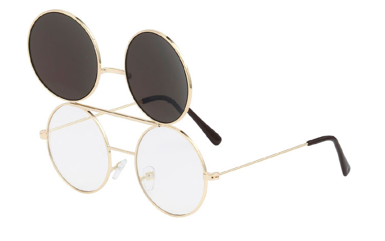 Guldfarvet rund metal brille med flip up solbrille i blålige changerende spejlglas. | flip-up-solbriller-2
