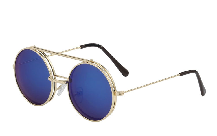 Guldfarvet rund metal brille med flip up solbrille i blålige changerende spejlglas. | flip-up-solbriller