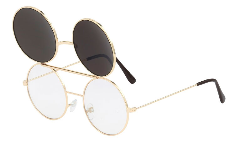 Guldfarvet rund metal brille med klart glas med flip up solbrille i blå-grønne changerende spejlglas.  | billige-solbrille-nyheder-2