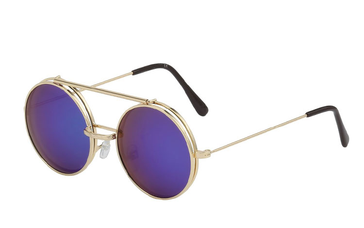 Guldfarvet rund metal brille med klart glas med flip up solbrille i blå-grønne changerende spejlglas.  | runde_solbriller