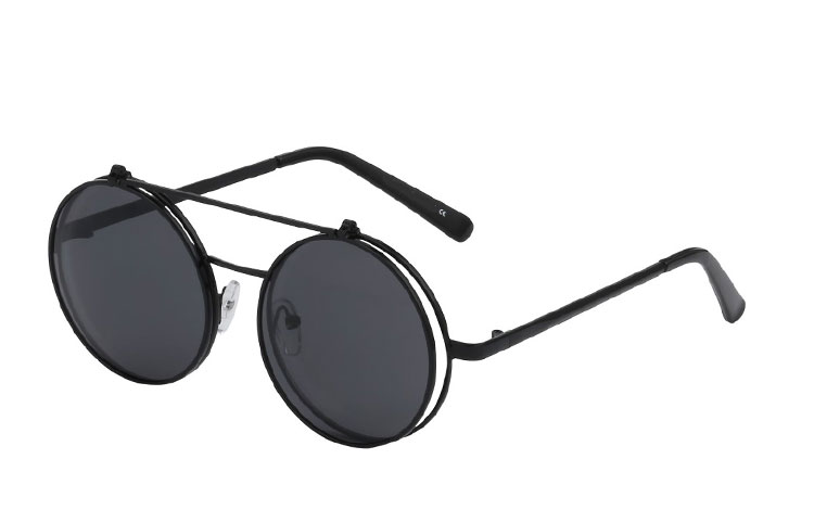 Stor rund sort brille med klart glas uden styrke med flip up solbrille med mørke glas | festival-solbriller
