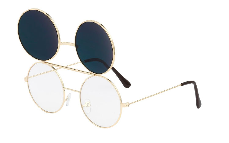 Guldfarvet rund metal brille med klart glas, uden styrke med flip up solbrille i sølvfarvet spejlglas.  | solbriller_maend-2