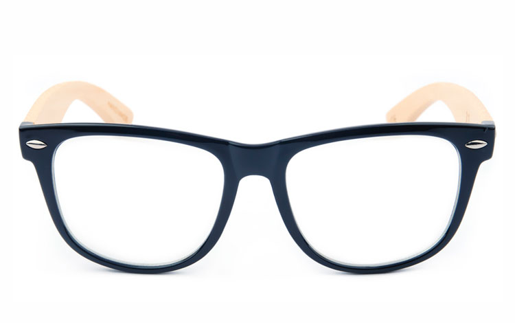 Sort wayfarer brille med klart glas uden styrke og lyse bambus stænger | tr%EF%BF%BD%EF%BF%BD-solbriller-bambus-2