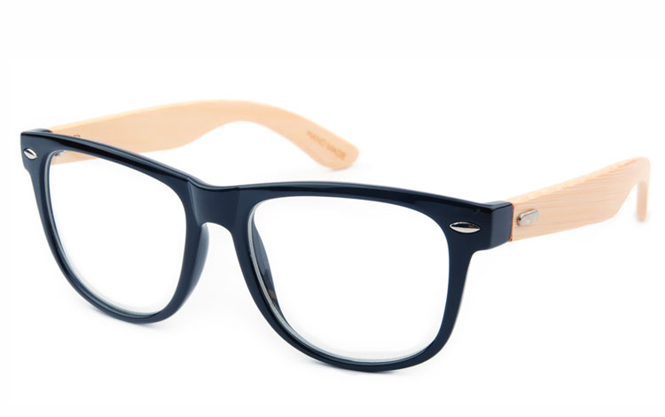 Sort wayfarer brille med klart glas uden styrke og lyse bambus stænger | wayfarer_solbriller