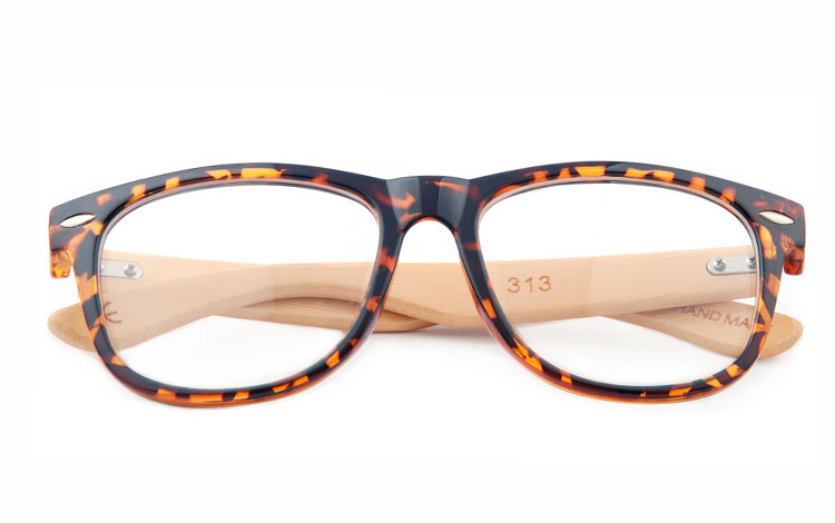Skildpadde / Leopard brun wayfarer brille med klart glas uden styrke og lyse bambus stænger  | træ-solbriller-bambus-3