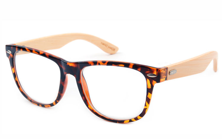 Skildpadde / Leopard brun wayfarer brille med klart glas uden styrke og lyse bambus stænger  | træ-solbriller-bambus