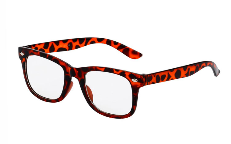 BØRNE wayfarer brille med klart glas i brunt skildpadde / leopard mønstret stel. UV400 beskyttelse | search