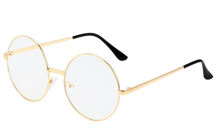 STOR rund brille med klart glas uden styrke i guldfarvet stel. | runde_solbriller