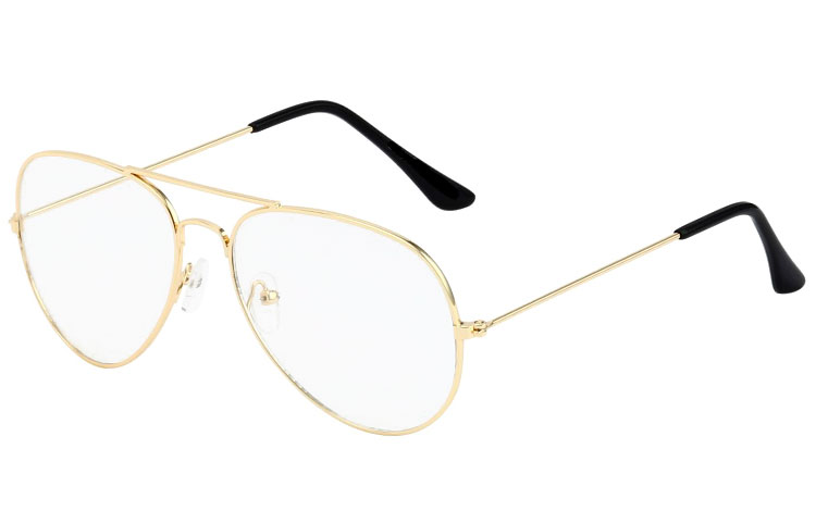 Aviator / dråbe brille i guldfarvet stel med klart glas uden styrke. Denne model er også kaldet  | klar_glas_briller