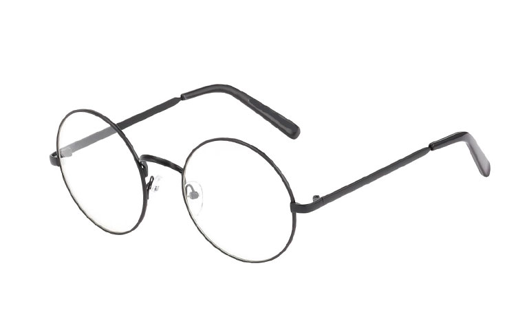 Rund metal brille i mat sort stel med klare glas uden styrke.  | klar_glas_briller
