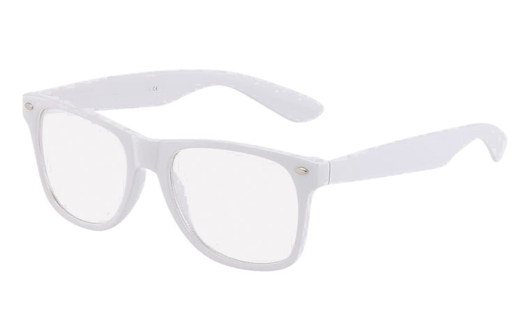Hvid brille med klart glas, wayfarer design | search