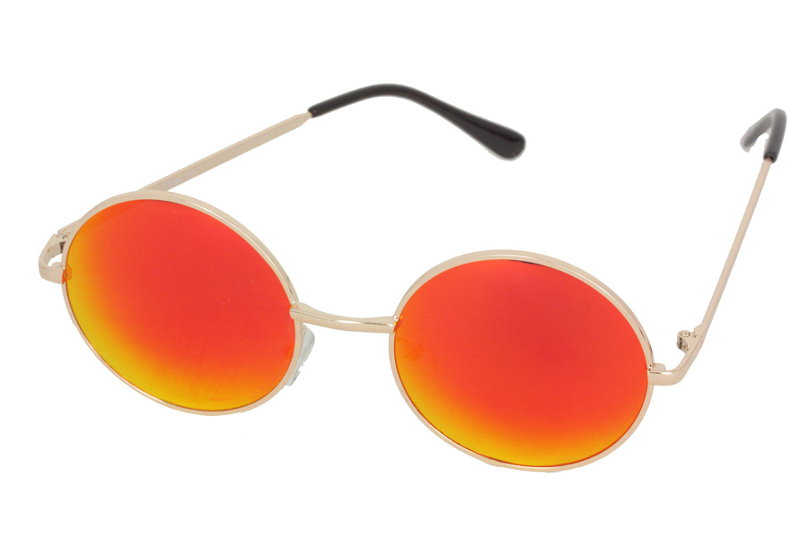 Stor rund solbrille med orange-røde spejlglas | search