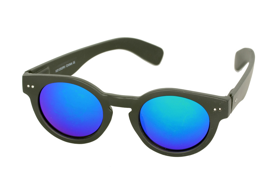 Mat sort rund solbrille med blå spejlglas | runde_solbriller