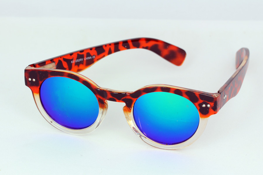 Gennemsigtig og skildpaddebrun rund solbrille med spejlglas i gule nuancer | retro_vintage_solbriller