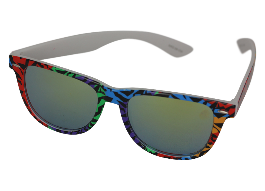 Multifarvet wayfarer solbrille med dyreprint og farvet spejlglas | retro_vintage_solbriller