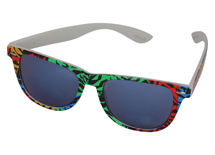 Solbrille i wayfarer design med farvet dyreprint og blåt spejlglas | retro_vintage_solbriller