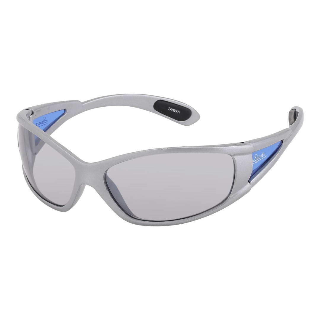 Lysgrå sports / løbe solbrille med lyse glas. Blå side beskyttelse og gummi på stangens ender, så de sidder xtra godt fast ved sport. | search