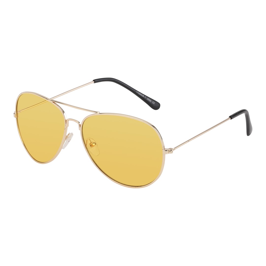 Aviator solbrille i metal stel med gule glas. Solbrillen er i god kvalitet med sort plastik på stængerne. | pilot_solbriller