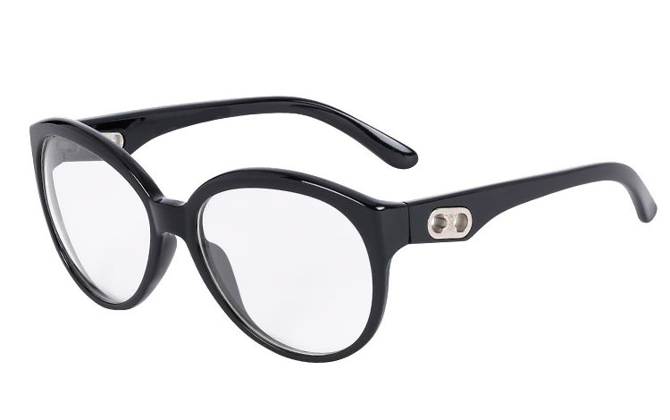 Oversize sort brille med klart glas uden styrke i feminint design. Glasset er klart glas uden styrke med UV 400 beskyttelse. | oversize_store_solbriller