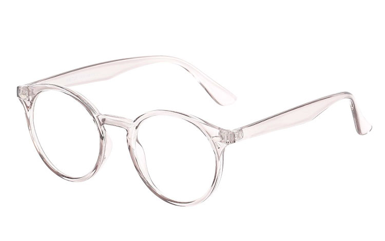 Rund brille med klart glas i transparent lysgrå. Brillen har klart glas uden styrke, så det er en smuk pynte brille til dig som ikke behøves briller.  | search