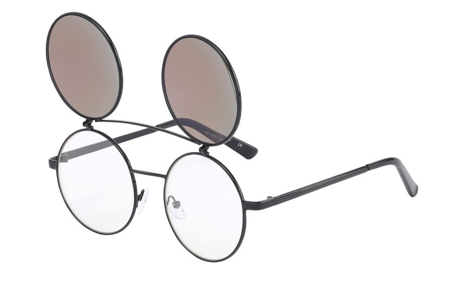 Brille i sort metal stel med flip-up solbrille i spejlglas i blå-grønne farver. | runde_solbriller-2