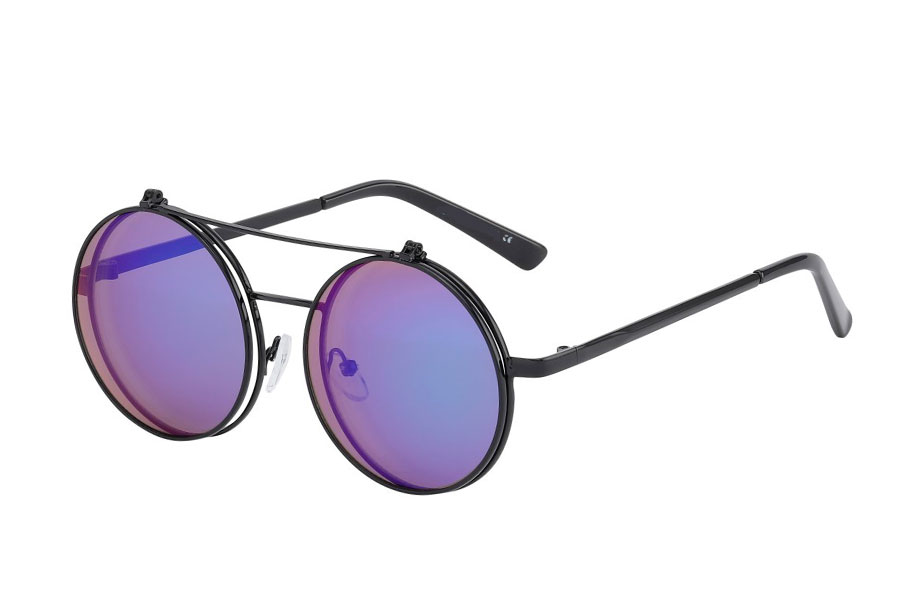 Brille i sort metal stel med flip-up solbrille i spejlglas i blå-grønne farver. | runde_solbriller