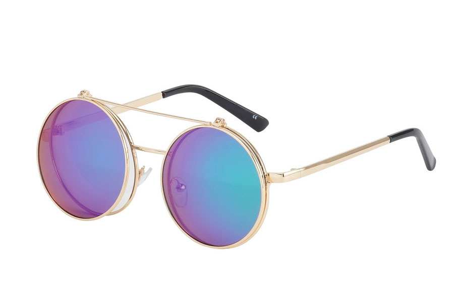 Brille i guldfarvet metal stel med flip-up solbrille i spejlglas i blå-grønne farver.  | search