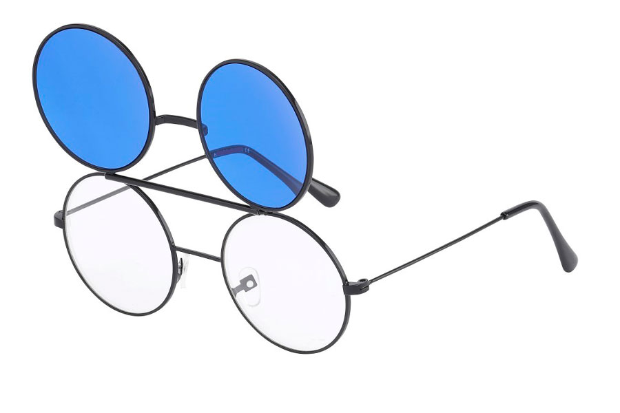 Brille i sort metal stel med flip-up solbrille i blå glas. | runde_solbriller-2