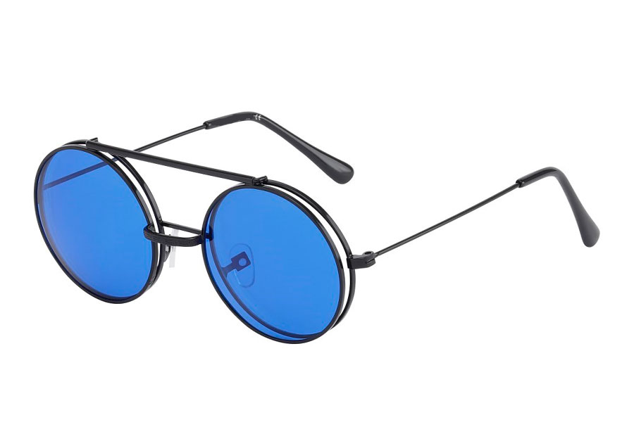 Brille i sort metal stel med flip-up solbrille i blå glas. | search