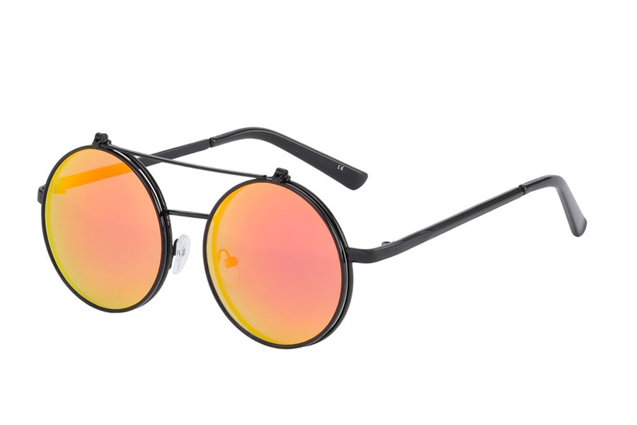 Brille i sort metal stel med flip-up solbrille i spejlglas i gul-orange-rødlige farver.  | flip-up-solbriller