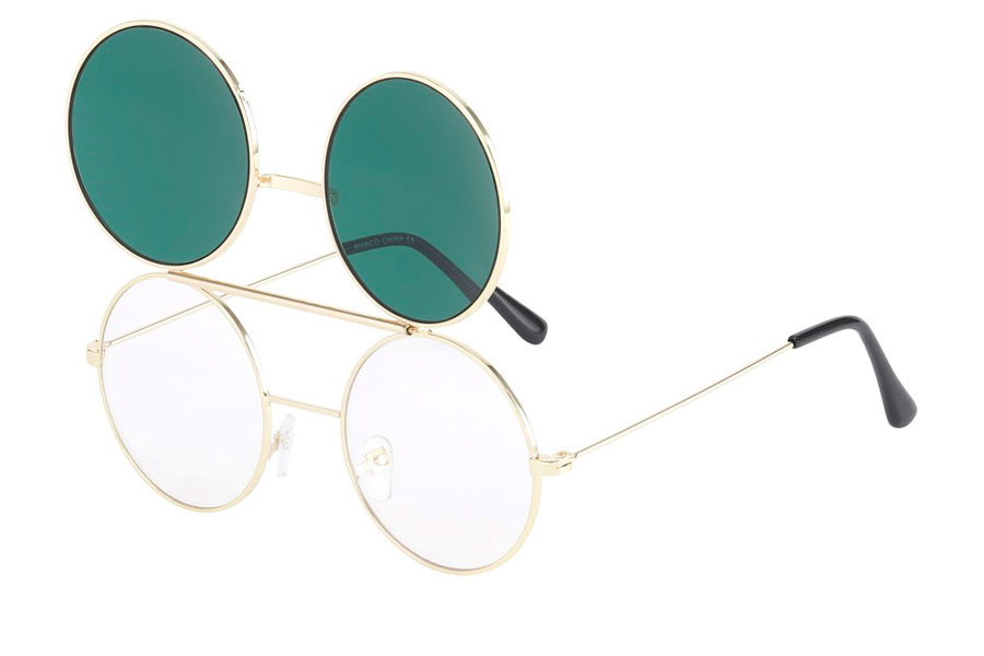 Brille i guldfarvet metal stel med flip-up solbrille med mørkegrønne linser.  | search-2