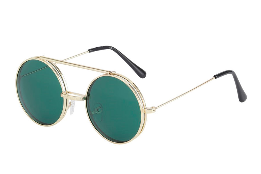 Brille i guldfarvet metal stel med flip-up solbrille med mørkegrønne linser.  | search