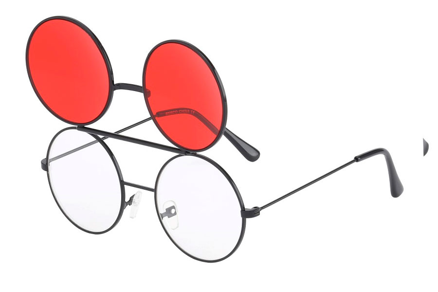 Brille i sort metal stel med flip-up solbrille med røde glas. Vælg mellem mange flip-up solbriller. Find din brille. KØB NU OG MODTAG IMORGEN | solbriller-farvet-glas-2