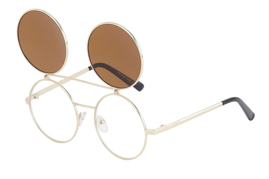 Brille i guldfarvet metal stel med flip-up solbrille med brune linser. | klar_glas_briller-2