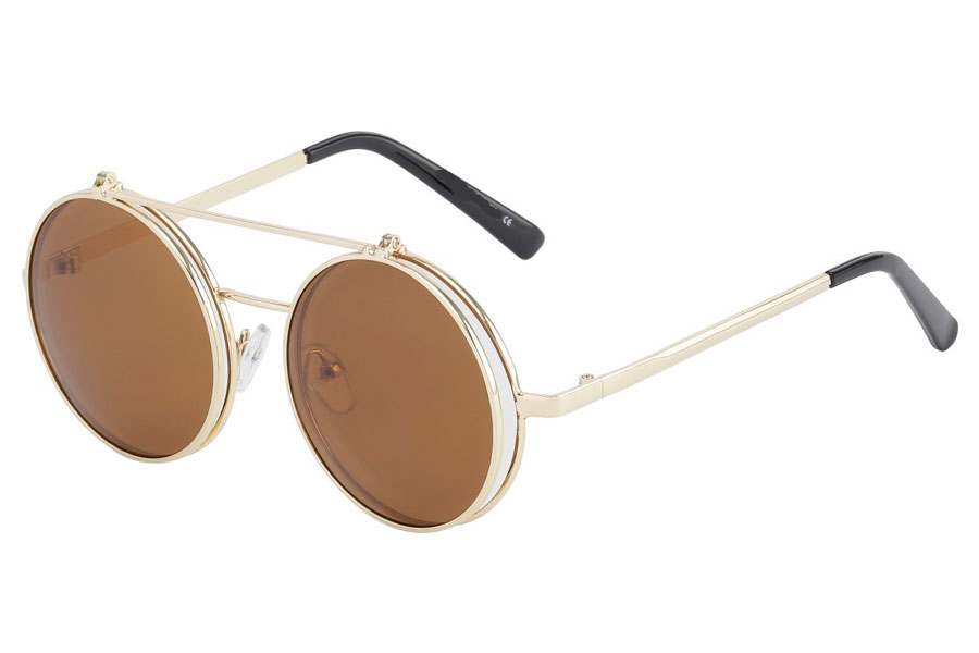 Brille i guldfarvet metal stel med flip-up solbrille med brune linser. | search