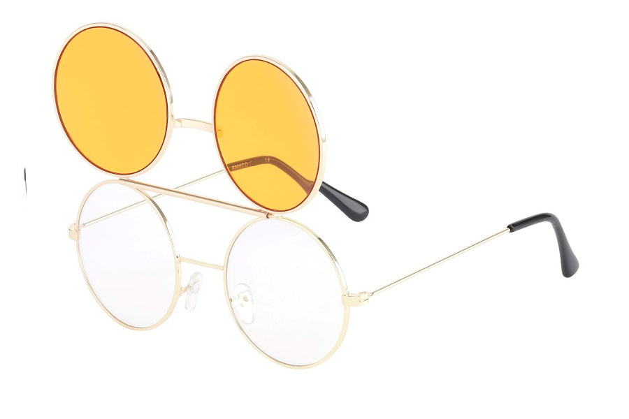 Brille i guldfarvet metal stel med flip-up solbrille med orange glas.  | solbriller-farvet-glas-2