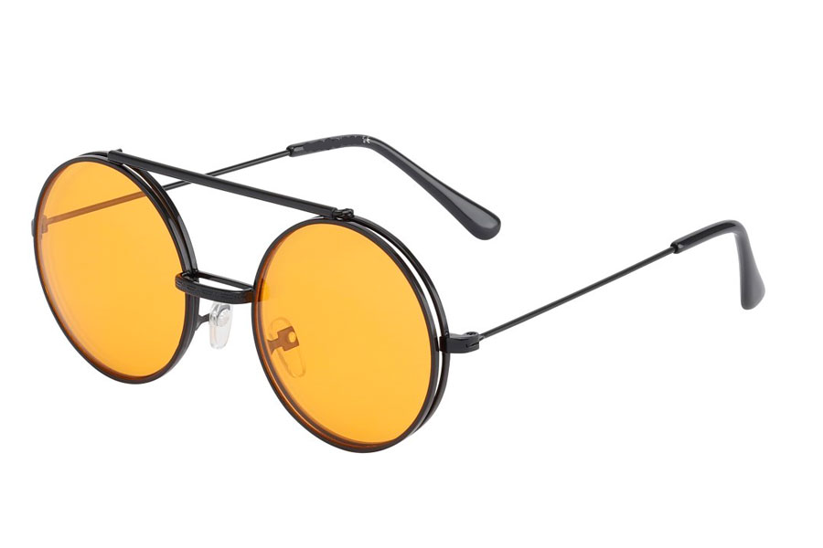 Brille i sort metal stel med flip-up solbrille med orange glas.  | retro_vintage_solbriller