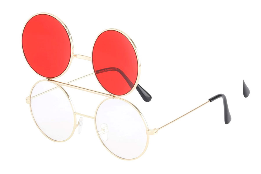 Brille i guldfarvet metal stel med flip-up solbrille med røde glas.  | flip-up-solbriller-2