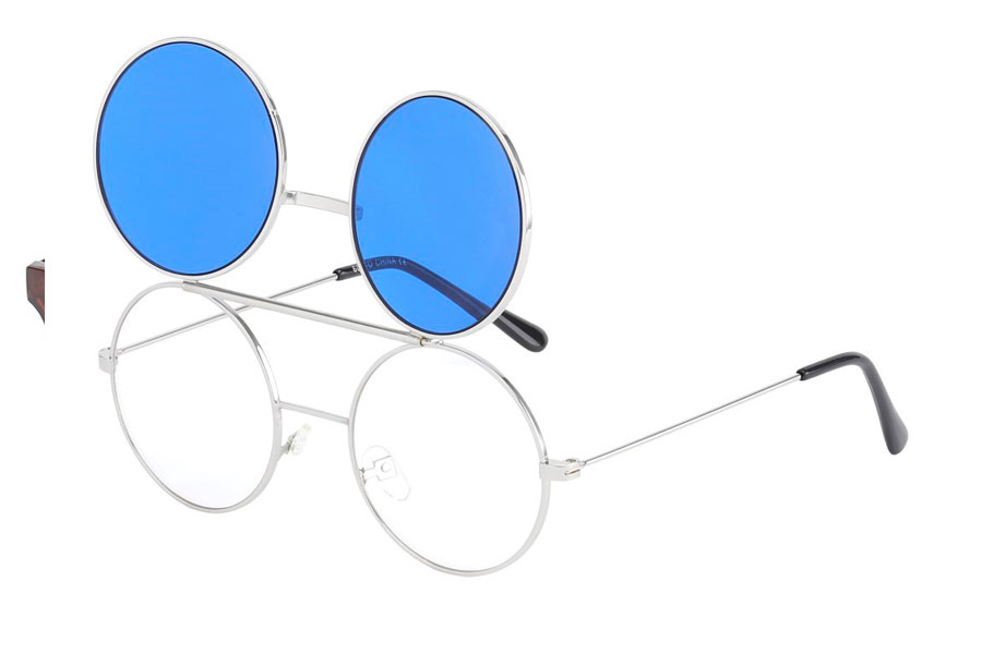 Sølvfarvet brille med flip-up solbrille med blå glas.  | solbriller-farvet-glas-2