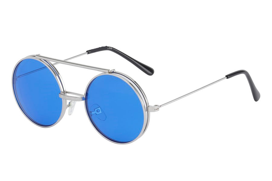 Sølvfarvet brille med flip-up solbrille med blå glas.  | solbriller-farvet-glas