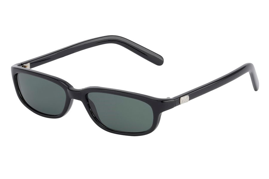 90´er modebrillen, den smalle firkantede brille i enkelt sort design med mørke linser. En lille sølvfarvet  | firkantet-solbriller