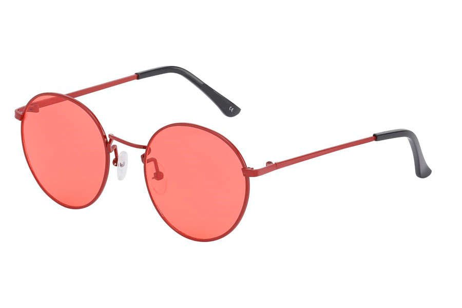 Moderigtig solbrille i rødt metalstel med røde linser.  Stellet er den moderigtige runde form som har en lille snert af dråbeform i sig | search