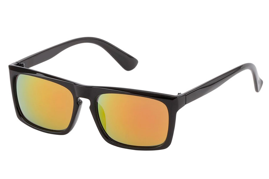 Hurtigbrillen. Solbrille i maskulint design. Sort stel med spejlglas i orange-røde nuancer. | firkantet-solbriller